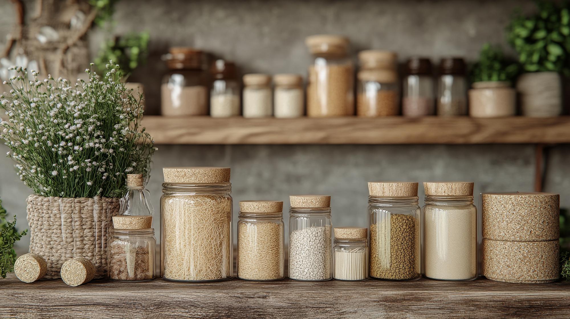 Open pantry with jars and fresh herbs