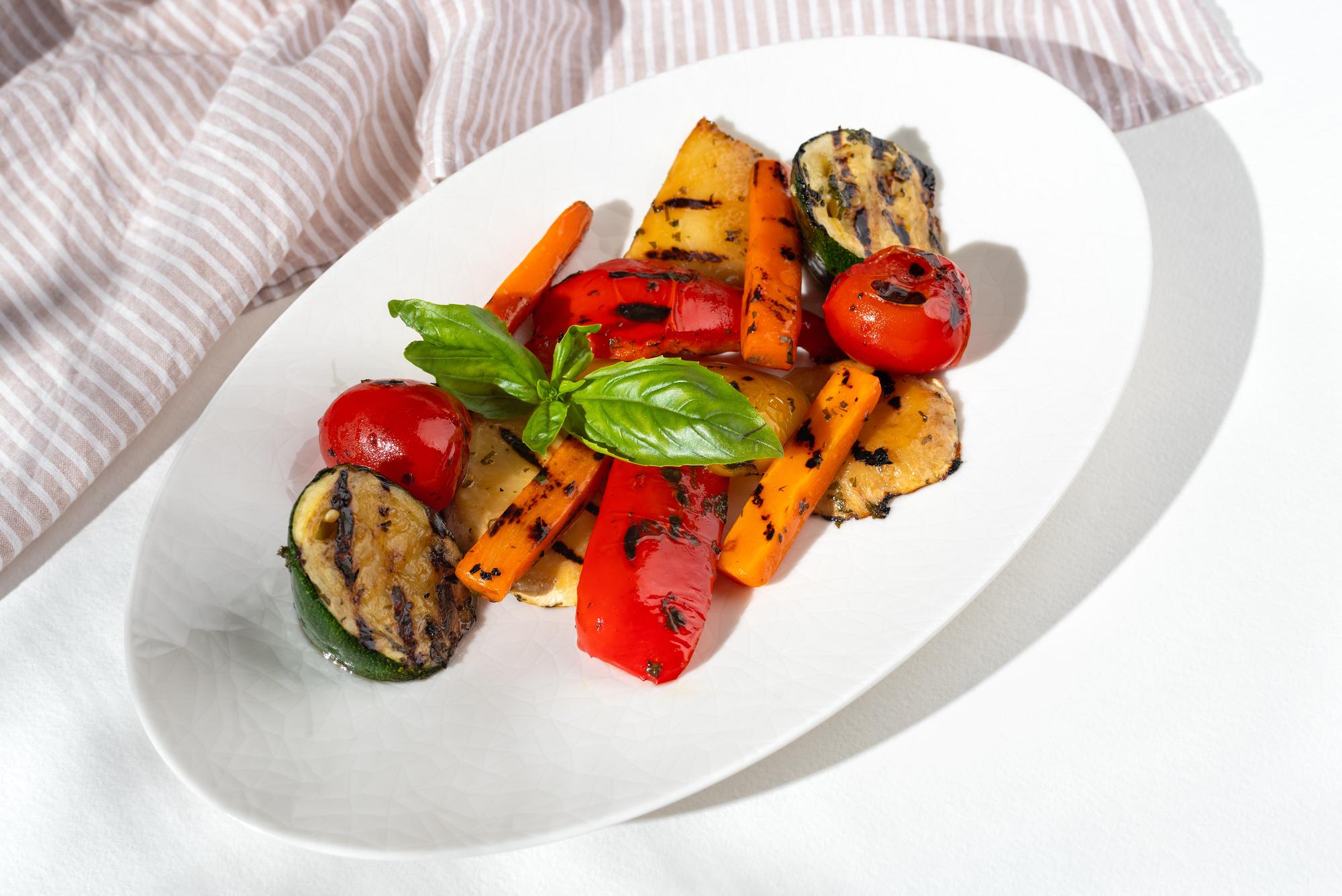 Close-up grilled vegetables with char