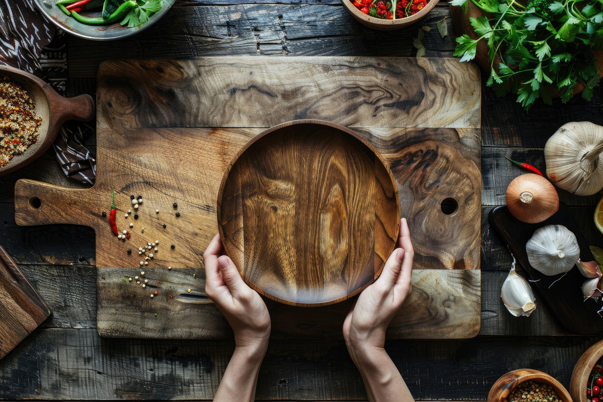 Chef arranging plated dish in rustic kitchen